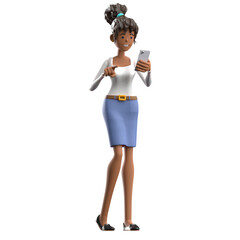Animated Woman with Dark Skin Pointing at Smartphone on Transparent Background in a White Top and Light Blue Skirt