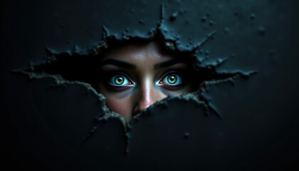 Female Eyes Peering Through a Cracked Surface in Dim Light