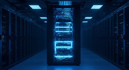 Data center server rack illuminated with blue lights in technology environment
