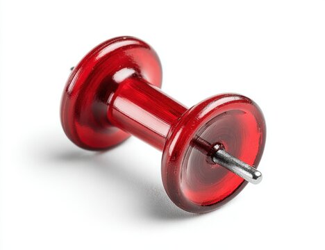 Red push pin with metallic needle for securing papers on bulletin boards or surfaces