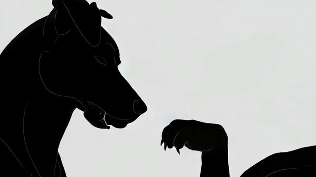 A close-up 2D animation of a black silhouette of a dog barking or panting, mouth moving slightly. The background is clean, solid white with no texture or shading