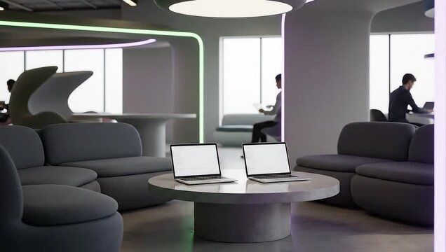 Modern Office Interior with Desks and Computers
