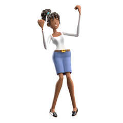 Animated Woman Celebrating Success In White Top and Blue Skirt On Transparent Background