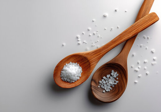 Sea salt in wooden spoon on white background, scattered crystals create clean and natural culinary concept