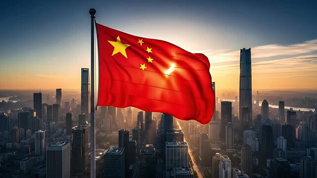 The national flag of China waving over a modern city skyline at a beautiful sunrise