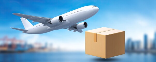 Global air cargo plane flying with a shipping box over cityscape