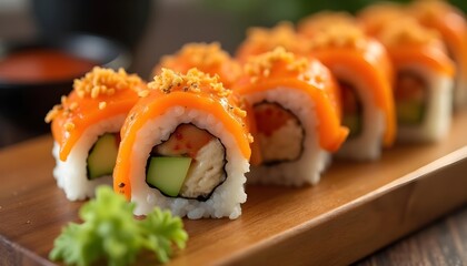 Salmon Sushi Rolls with Avocado on Wooden Board, Japanese Cuisine