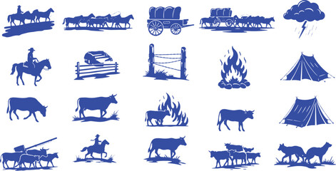 Vector icon set in a woodcut style depicting Western ranching and trail life. © Meizan 
