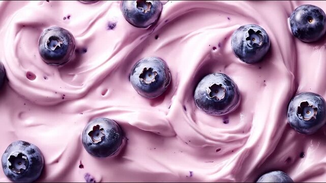A close-up shot of creamy blueberry yogurt swirled with fresh blueberries on top.