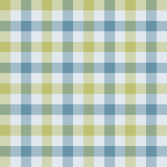 Seamless plaid pattern in blue, white, and light green tones with striped accents, ideal for textiles, fashion, and decorative designs.
