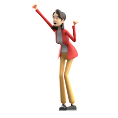 Animated Woman in Red Jacket Reaching Upward with Transparent Background