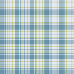 Seamless plaid fabric pattern in blue, white, and light green with a classic checkered design, perfect for textiles, fashion, and home decor.