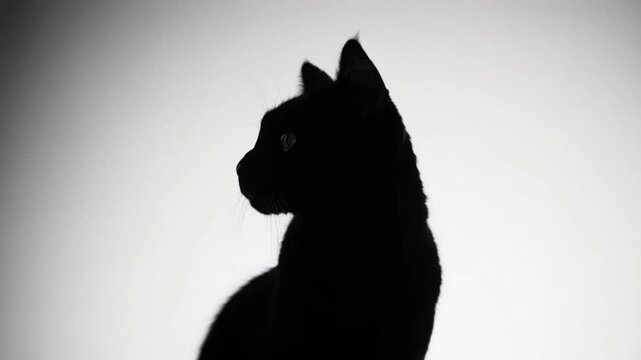 Black silhouette of a cat in close-up view, slowly turning its head to the side in a graceful motion. Pure white background, no shadows or details