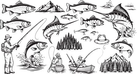 Obraz premium Fishing Adventure and Mountain Scenery Icons Keywords: fish, salmon, marlin, trout, pike