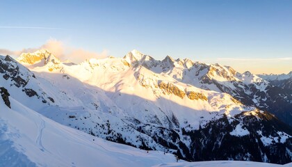 Fototapeta premium Majestic Snow Covered Mountain Range Bathed in Golden Sunrise Light.