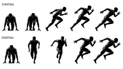 Running Athlete Silhouette Sequence – Sprinting Poses from Start to Full Stride in Monochrome Vector Illustration