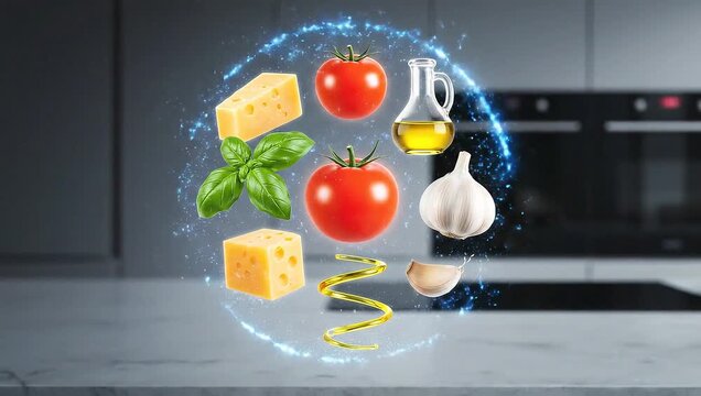 Healthy Ingredients Illustration with Tomato, Cheese, and Garlic
