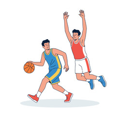 Naklejka premium Two basketball players in action, one dribbling the ball, the other jumping to block.