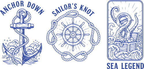 Nautical Anchor Ship Wheel Octopus Nautical Symbols down sailor's © Meizan 