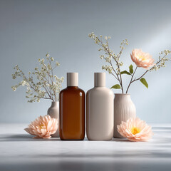 Minimalist skincare bottle ceramic vase soft flower gentle light clean background beauty spa calm modern elegant