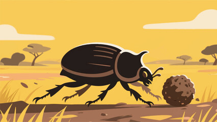 Illustration Of A Black Dung Beetle Rolling With A Ball Of Dung On The African Savannah Vector Design Template