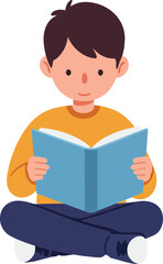 A young boy sits cross-legged, absorbed in reading a blue book.