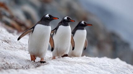 Naklejka premium Emperor Penguins walk on snow ice in Antarctica.
