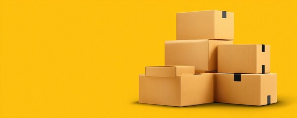 Fototapeta premium Stacked cardboard delivery boxes on vibrant yellow background