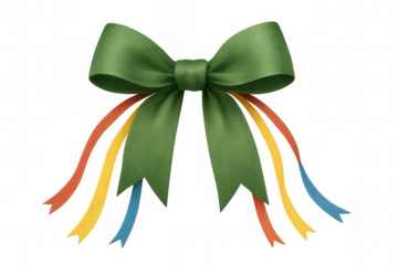 Green gift bow with colorful trailing ribbons, isolated on transparent background, symbolizing celebration and decoration