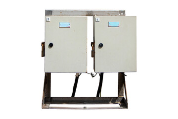 Equipment distribution electric small isolated on cut out PNG or transparent background. Power button to distribute electricity supply. Temporary electrical control. Main substation circuit Breaker.