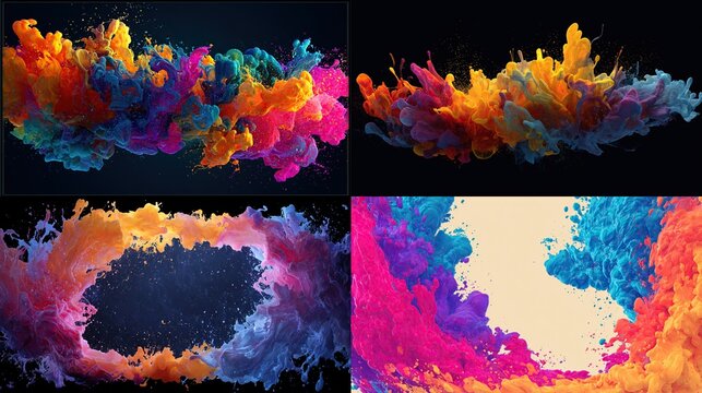 and keywords based on the image you provided

 Vibrant color explosion, multi-colored plumes on dark & light backgrounds in various angles