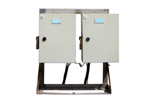 Equipment distribution electric small isolated on cut out PNG or transparent background. Power button to distribute electricity supply. Temporary electrical control. Main substation circuit Breaker.