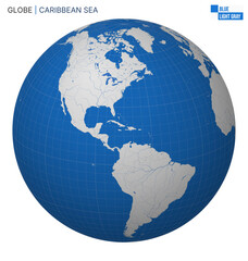 Fototapeta premium Vector Globe centered to Caribbean Sea. Blue Light Gray palette. World map with meridians, parallels, countries, rivers and lakes. Trending vector illustration.
