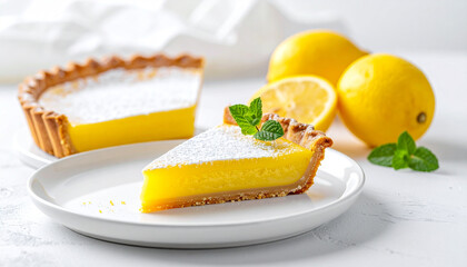 A lemon tart slice with powdered sugar served on a white plate, photographed in bright minimalist spring style