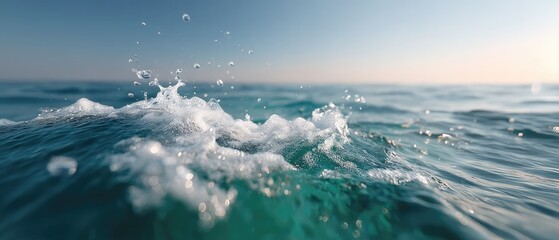 Macro Close Up Of Bright Blue Ocean Surface Cinematic Shot With Wave Cresting and Water Droplets