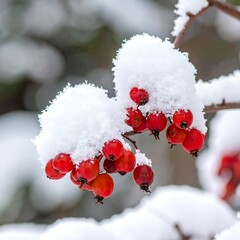 Snow-covered cluster of red berries on a branch