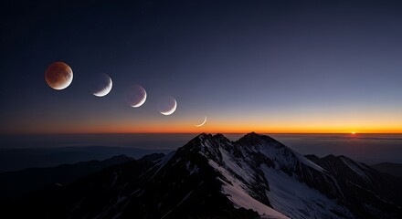 Lunar phases cascade over majestic mountain range during a vivid sunset display