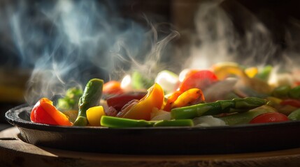 Sizzling vegetables in a pan with vibrant colors and rising steam, rustic background.