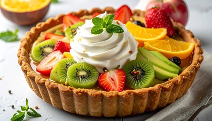 A vibrant and delicious fruit tart topped with fresh kiwi, strawberries, orange slices, and a dollop of whipped cream.