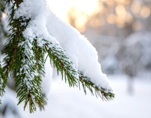 Snow-covered evergreen branch, sunlit background