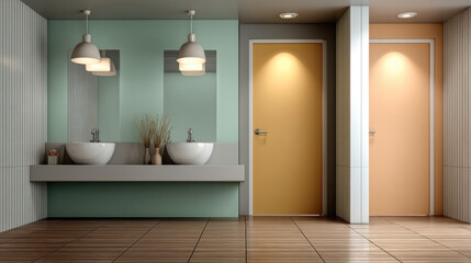 Modern bathroom interior with double sinks, mint green wall, pendant lights, wooden floor, and two closed doors, calm and clean atmosphere