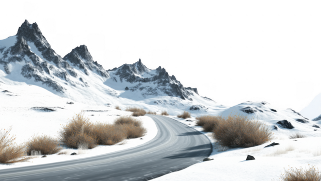 Snowy mountains frame a winding road, created with AI, PNG