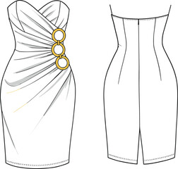Fashion technical illustration, strapless women’s dress design, sweetheart neckline, ruched waist detail, ornamental buttons, fitted silhouette, knee length, back slit, garment construction drawing