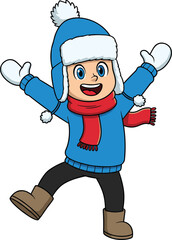 Happy cartoon child dressed for winter, wearing hat, scarf, gloves, and boots, enjoying cold weather, snow season, festive, isolated vector illustration.