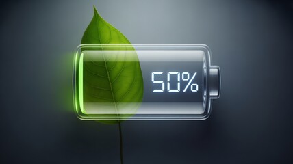 A battery icon with a green leaf, representing renewable energy and ecofriendly power