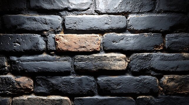 Dark painted brick wall texture with a single contrasting brown brick detail and shadow - Powered by Adobe