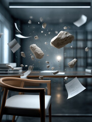 Small stone shards and scattered paper float in modern office, creating surreal and chaotic atmosphere