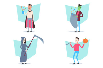 Collection of four playful Halloween characters engaging in festive activities. Vampire holding candy, monster collecting treats, grim reaper wielding scythe, and man carrying pumpkin, celebrating sea