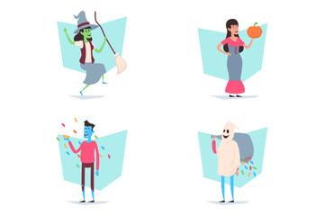 Lively Halloween set with witch on broomstick, woman holding pumpkin, cheerful man with candy, and ghost carrying bag of treats. Perfect for festive activities