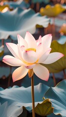 Soft light illuminates a pale pink and white lotus flower, rising from large, teal leaves